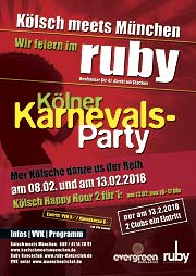 Kölner Karnevals Party 2019 im ruby Danceclub am Münchner Stachus: Kölsch meets München am 08.02. unf 13.02.2018
